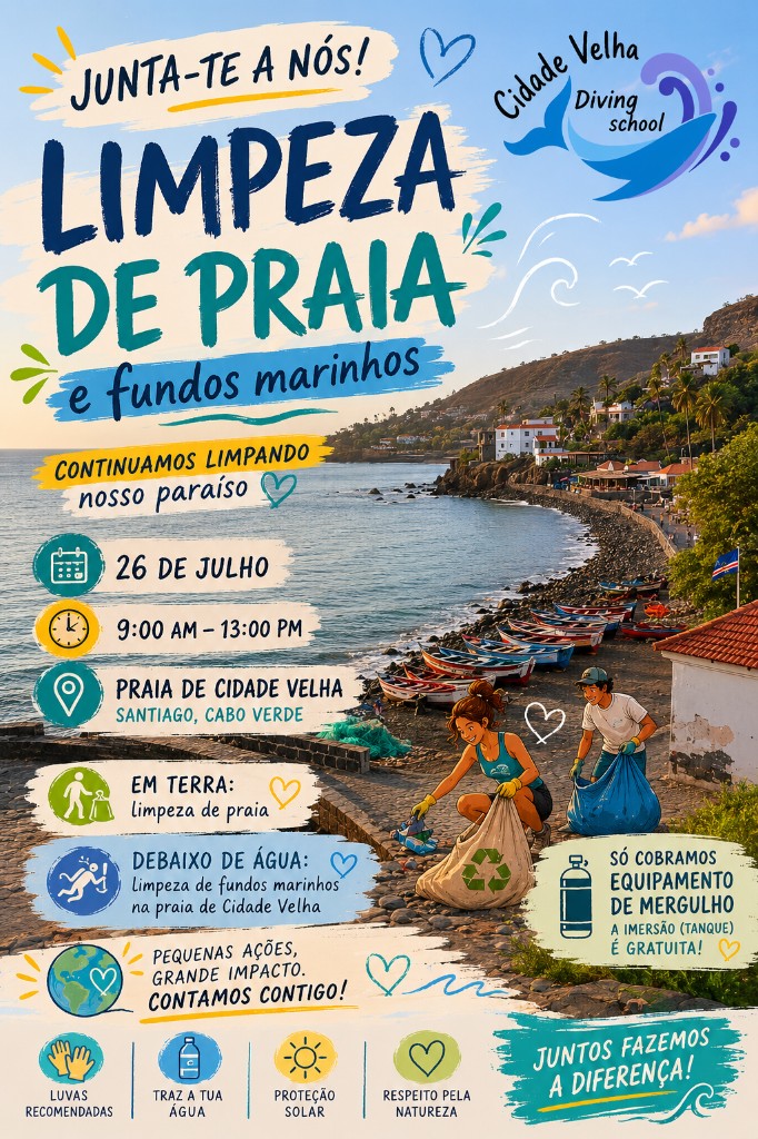 Affiche du nettoyage de plage et des fonds marins — Cidade Velha Diving, 26 juillet