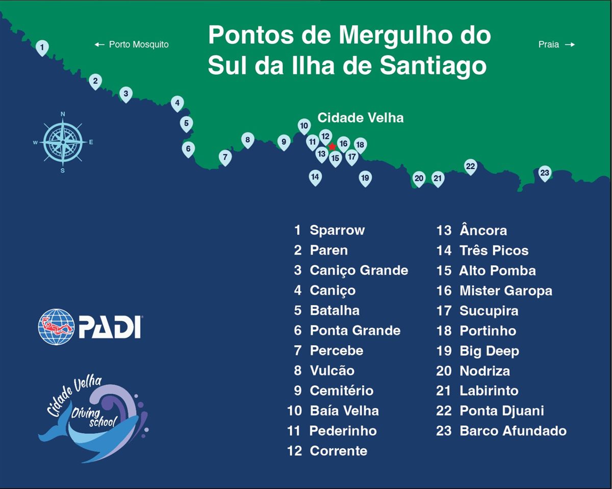 Mapa de spots de mergulho na costa sul de Santiago, Cabo Verde